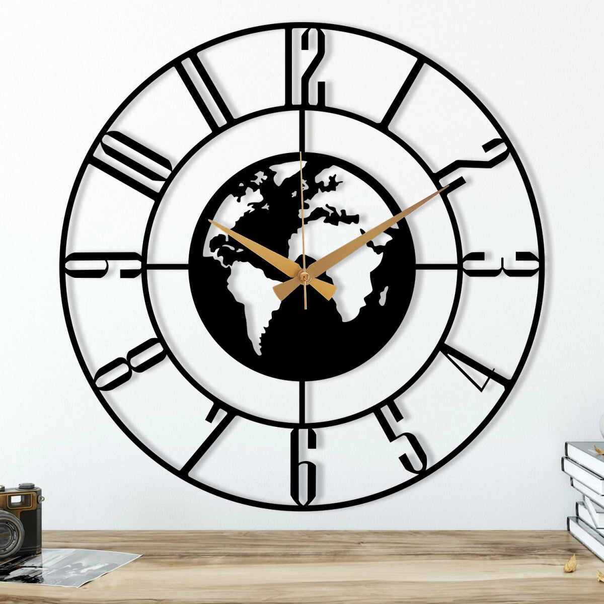 Minimalist World Map Metal Wall Clock - BrossHome Metal Wall Art