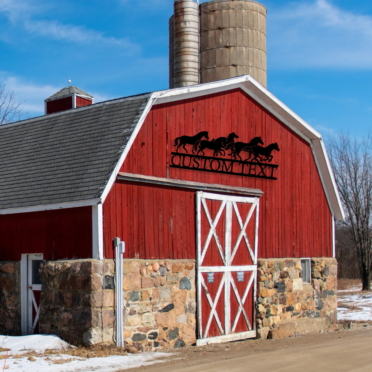 Outdoor wall decor featuring personalized horse sign.