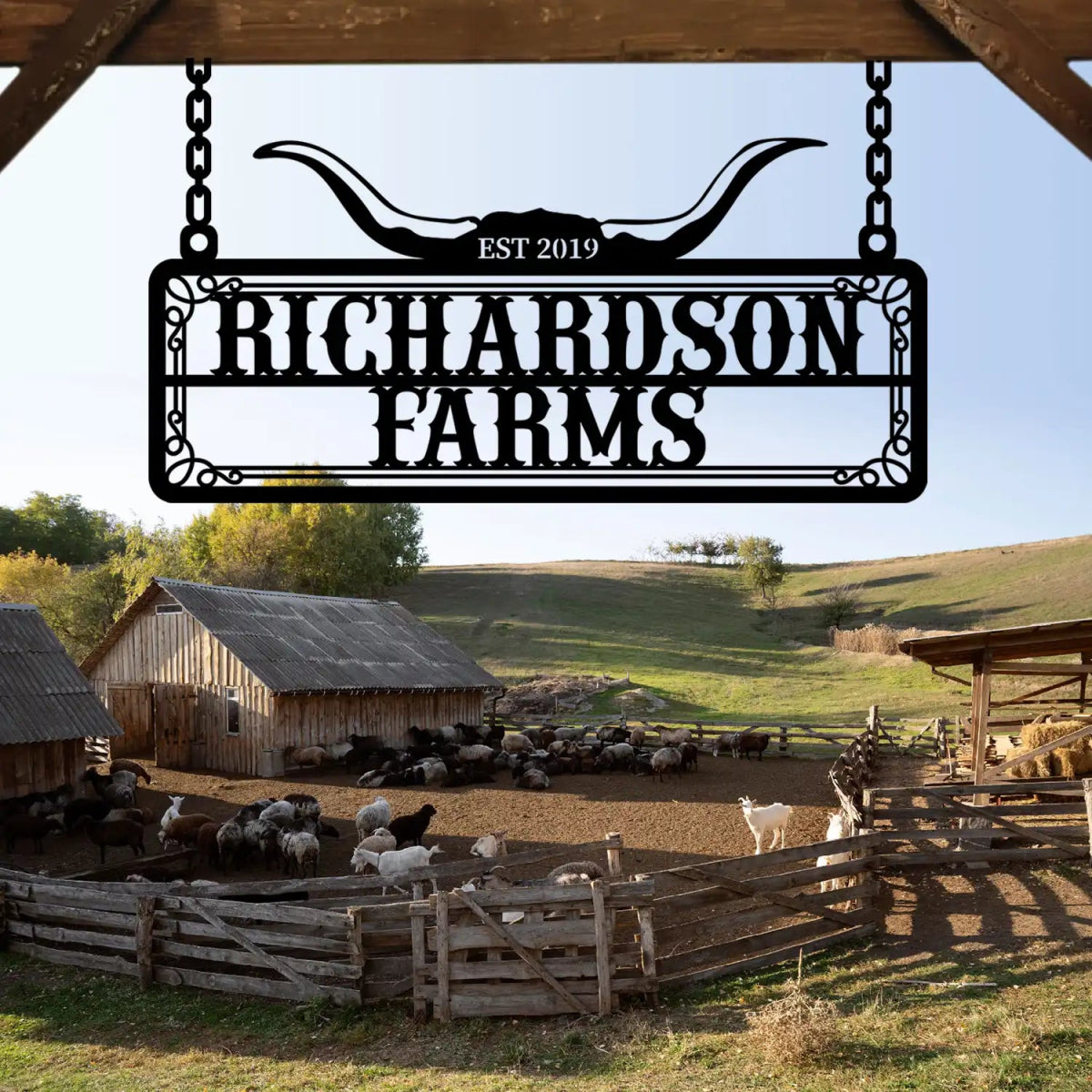 Personalized Metal Farm Sign with Bull Horns - BrossHome Metal Wall Art