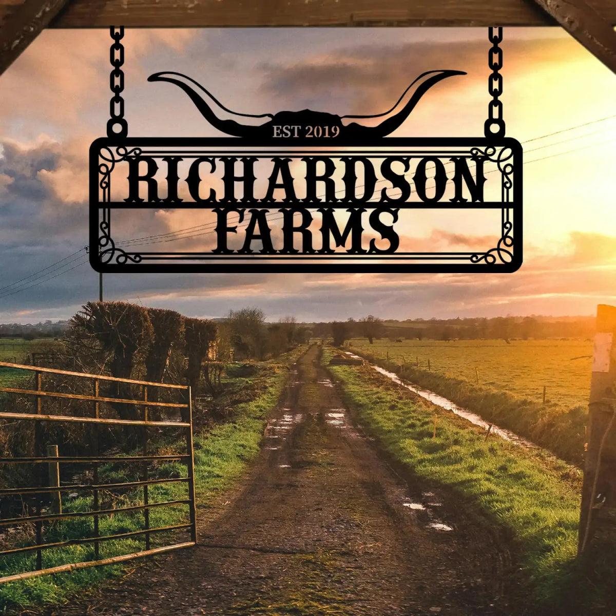 Personalized Metal Farm Sign with Bull Horns - BrossHome Metal Wall Art