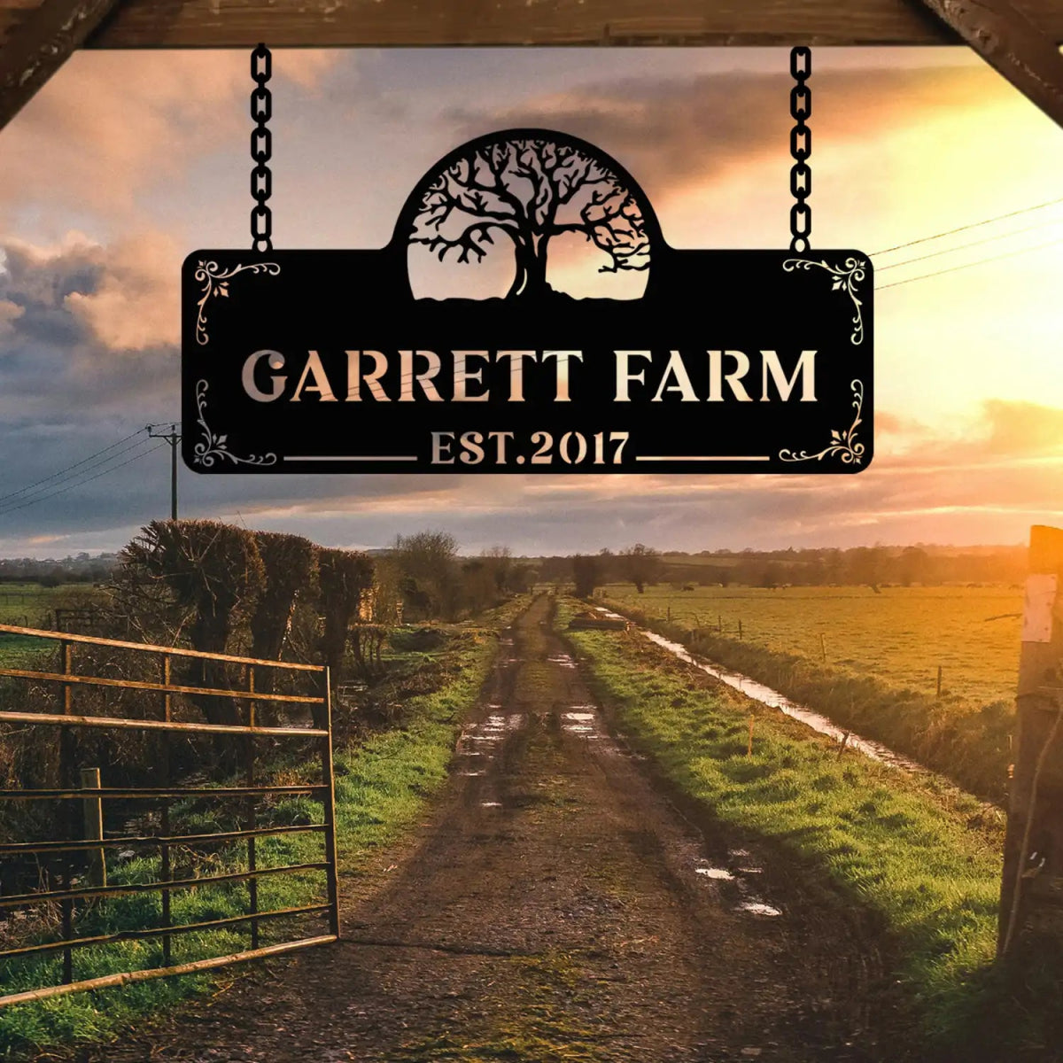 Personalized Metal Farm Sign with Tree and Garrett Farm Name - BrossHome Metal Wall Art
