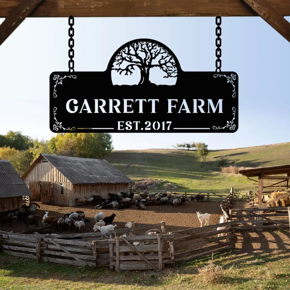 Personalized Metal Farm Sign with Tree and Garrett Farm Name - BrossHome Metal Wall Art