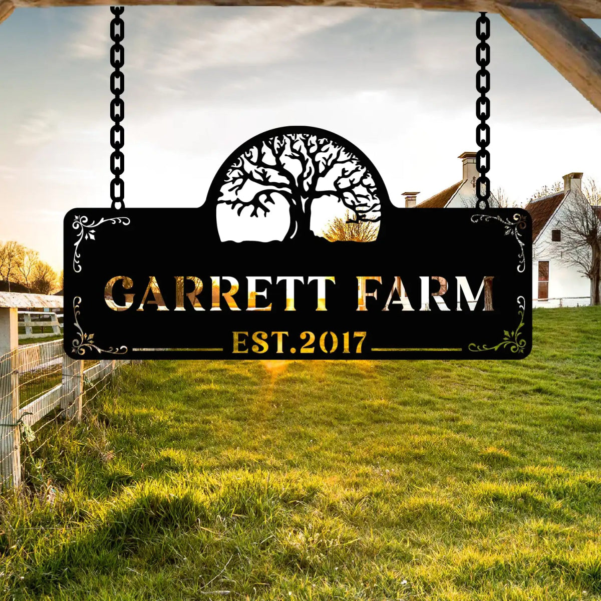 Personalized Metal Farm Sign with Tree and Garrett Farm Name - BrossHome Metal Wall Art