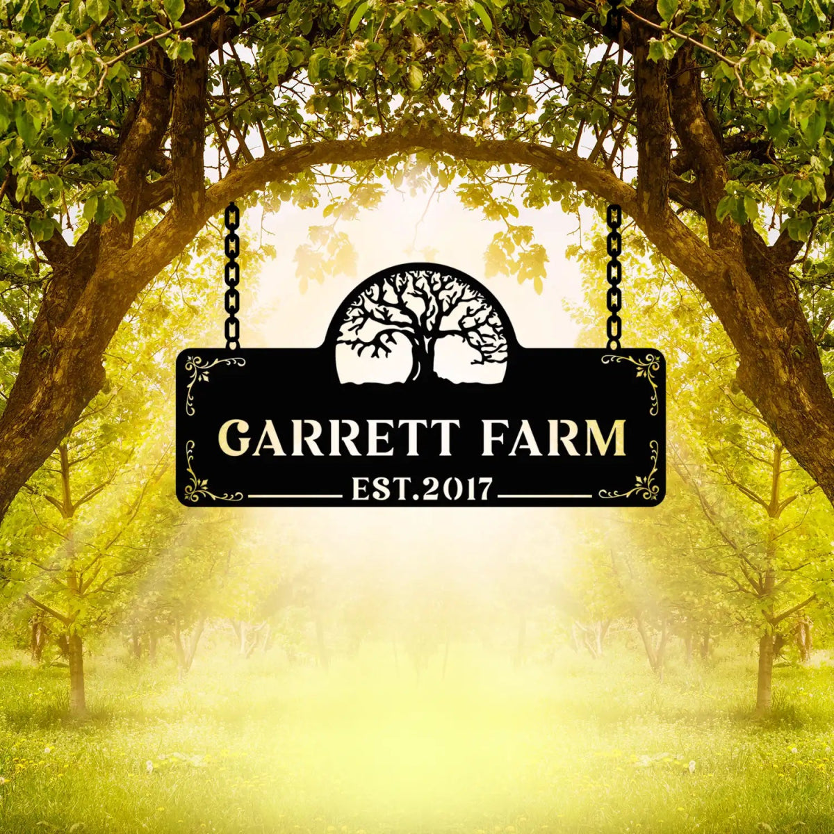Personalized Metal Farm Sign with Tree and Garrett Farm Name - BrossHome Metal Wall Art