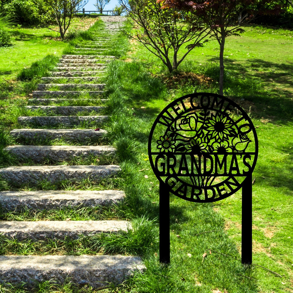 Personalized Metal Garden Sign Stake - Grandma's Garden Welcome Decor with Floral Design - BrossHome Metal Wall Art