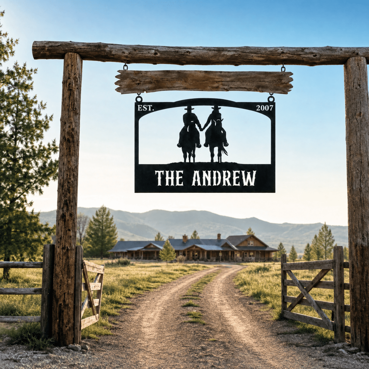 Personalized Metal Ranch Sign with Two Cowboys on Horses - BrossHome Metal Wall Art