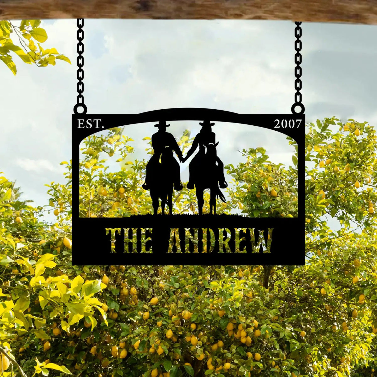 Personalized Metal Ranch Sign with Two Cowboys on Horses - BrossHome Metal Wall Art