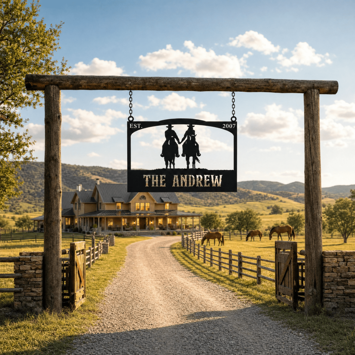 Personalized Metal Ranch Sign with Two Cowboys on Horses - BrossHome Metal Wall Art
