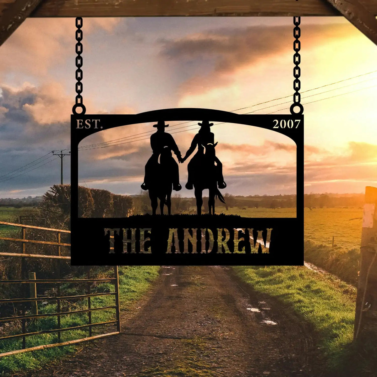 Personalized Metal Ranch Sign with Two Cowboys on Horses - BrossHome Metal Wall Art