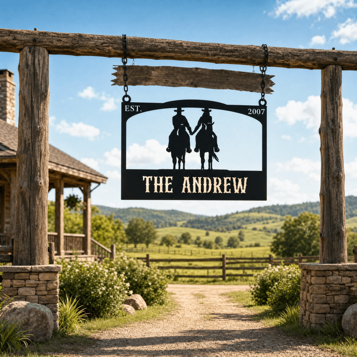 Personalized Metal Ranch Sign with Two Cowboys on Horses - BrossHome Metal Wall Art