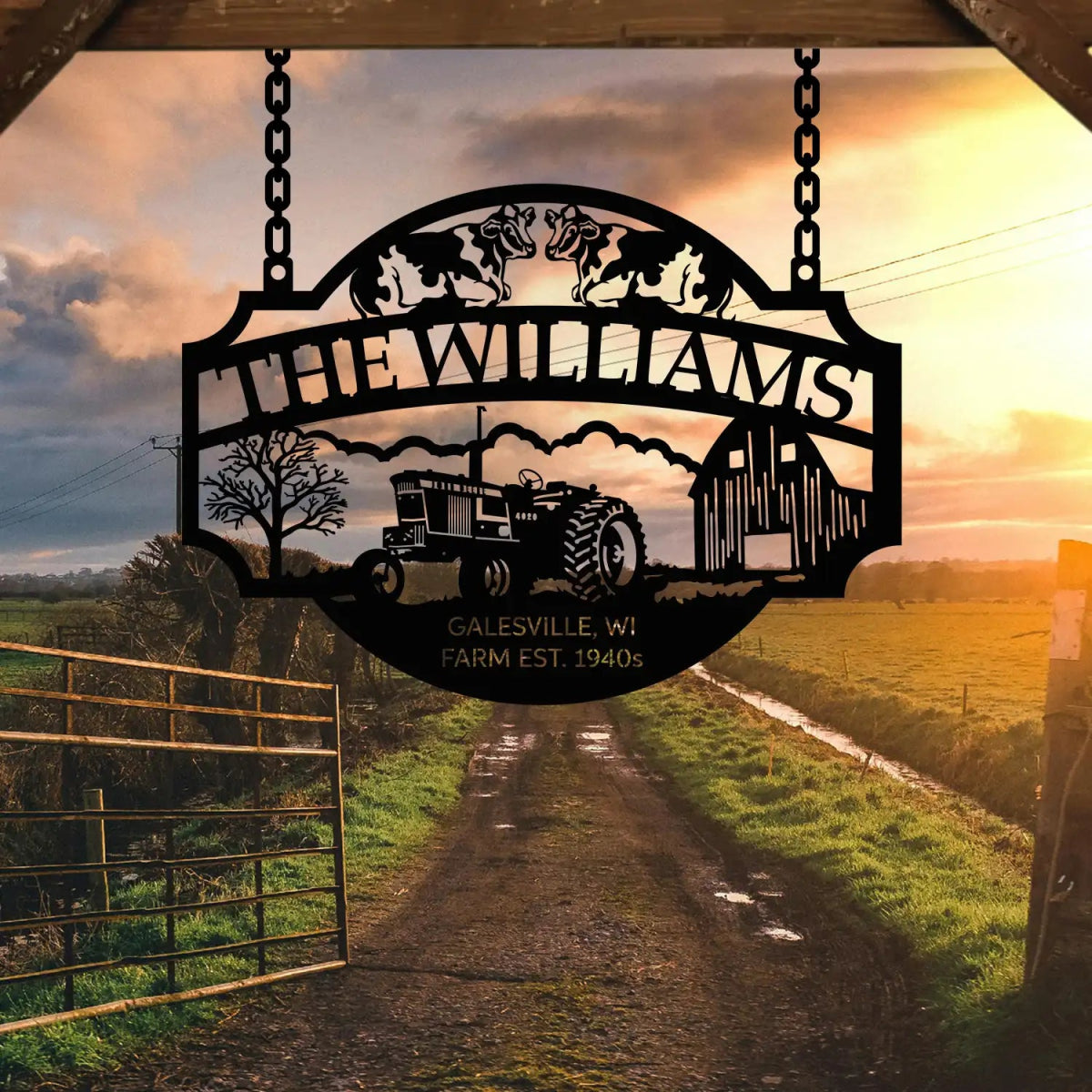 Rustic Tractor and Farm Entrance Sign - The Williams EST 1940s - BrossHome Metal Wall Art