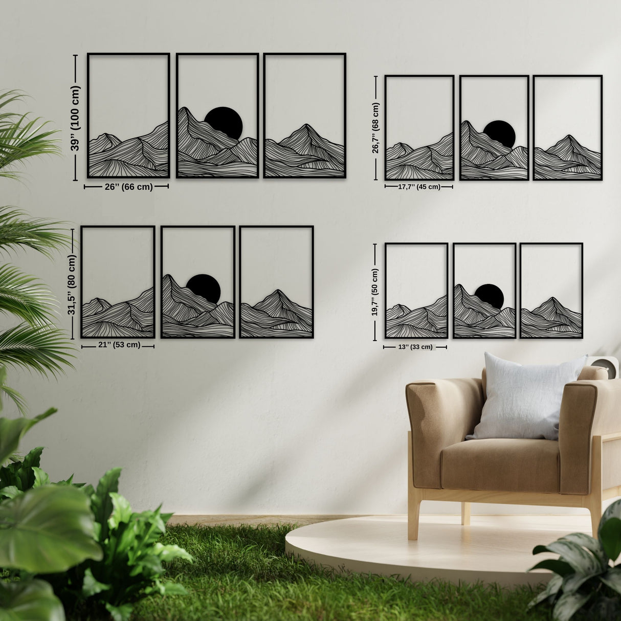 Laser-cut metal mountain peaks and sun wall sculpture