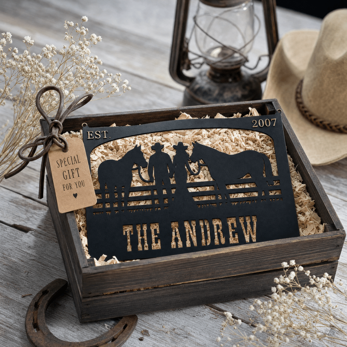 The Andrew Custom Metal Farm Sign - Cowboy and Horses Metal Farm Sign - BrossHome Metal Wall Art