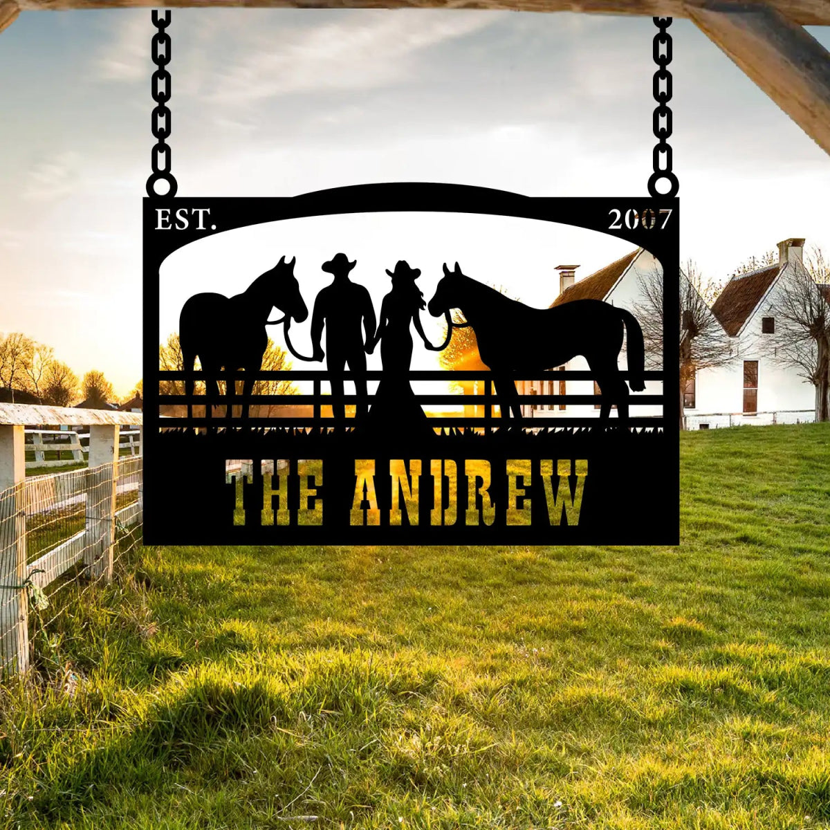 The Andrew Custom Metal Farm Sign - Cowboy and Horses Metal Farm Sign - BrossHome Metal Wall Art