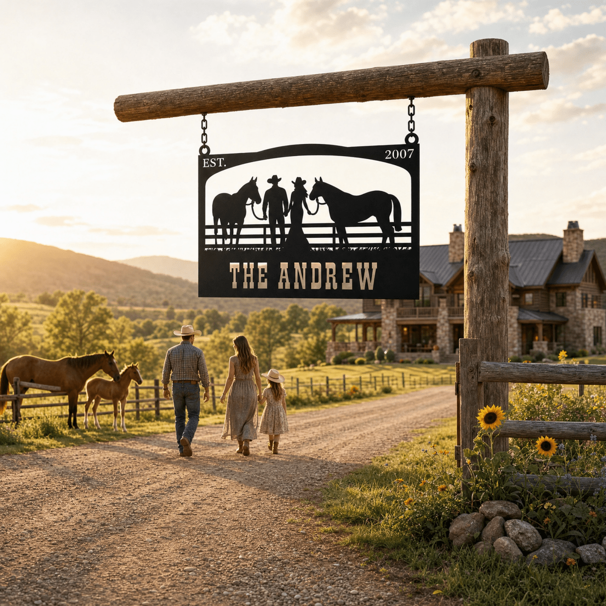 The Andrew Custom Metal Farm Sign - Cowboy and Horses Metal Farm Sign - BrossHome Metal Wall Art