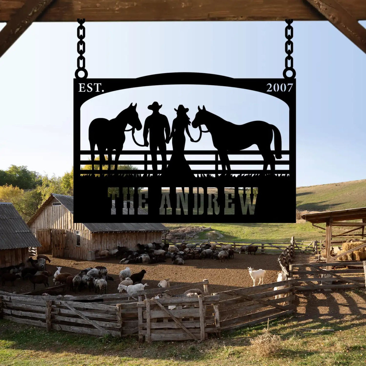 The Andrew Custom Metal Farm Sign - Cowboy and Horses Metal Farm Sign - BrossHome Metal Wall Art