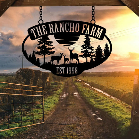 The Rancho Farm Custom Metal Sign with Wildlife and Trees - BrossHome Metal Wall Art