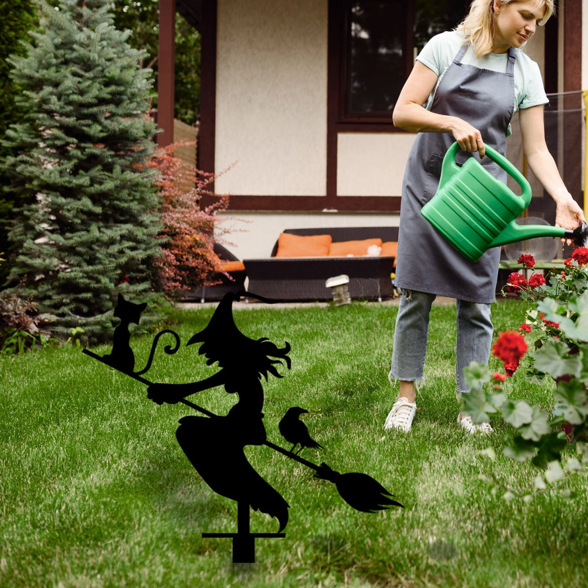Witch with Broomstick Metal Garden Sign - BrossHome Metal Wall Art
