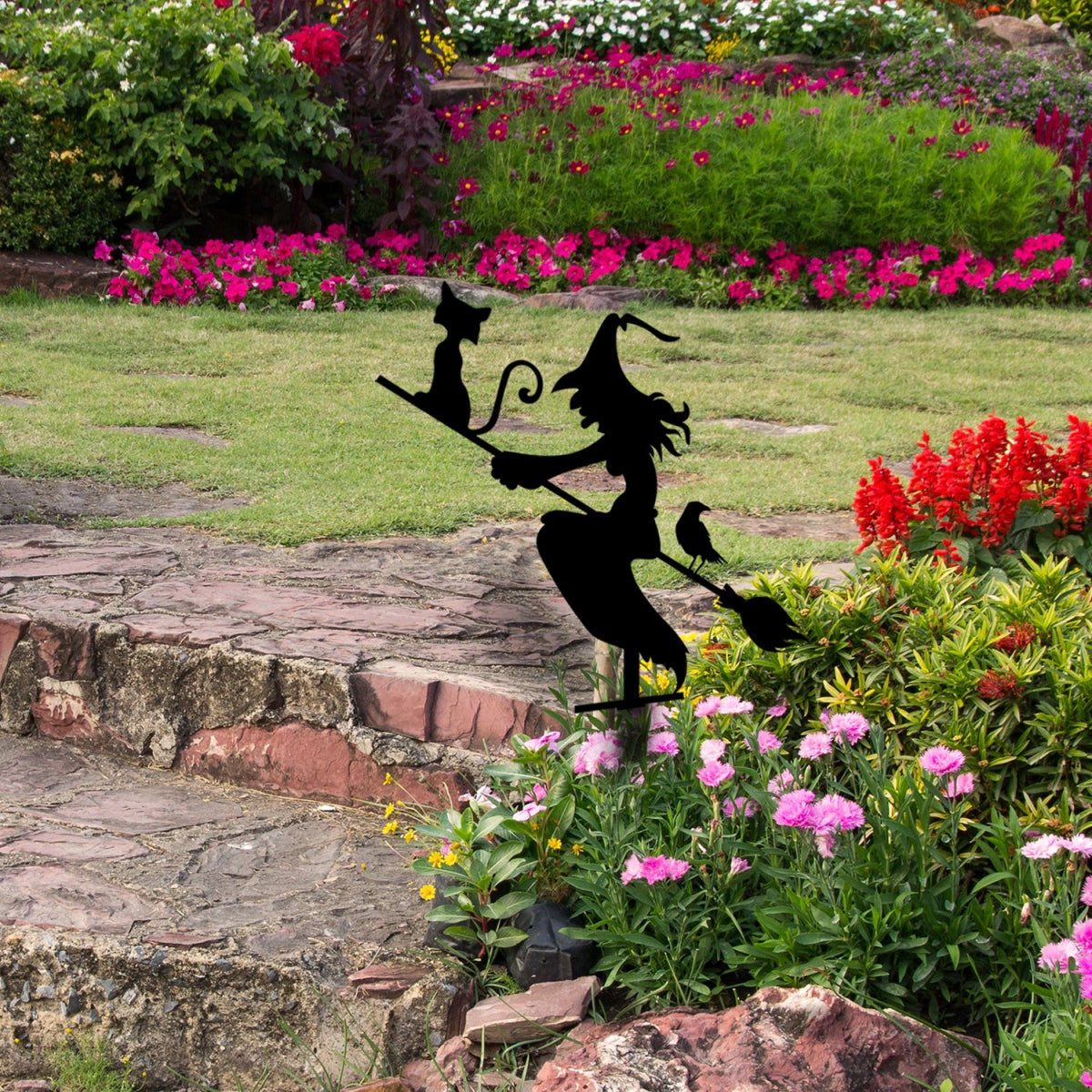 Witch with Broomstick Metal Garden Sign - BrossHome Metal Wall Art