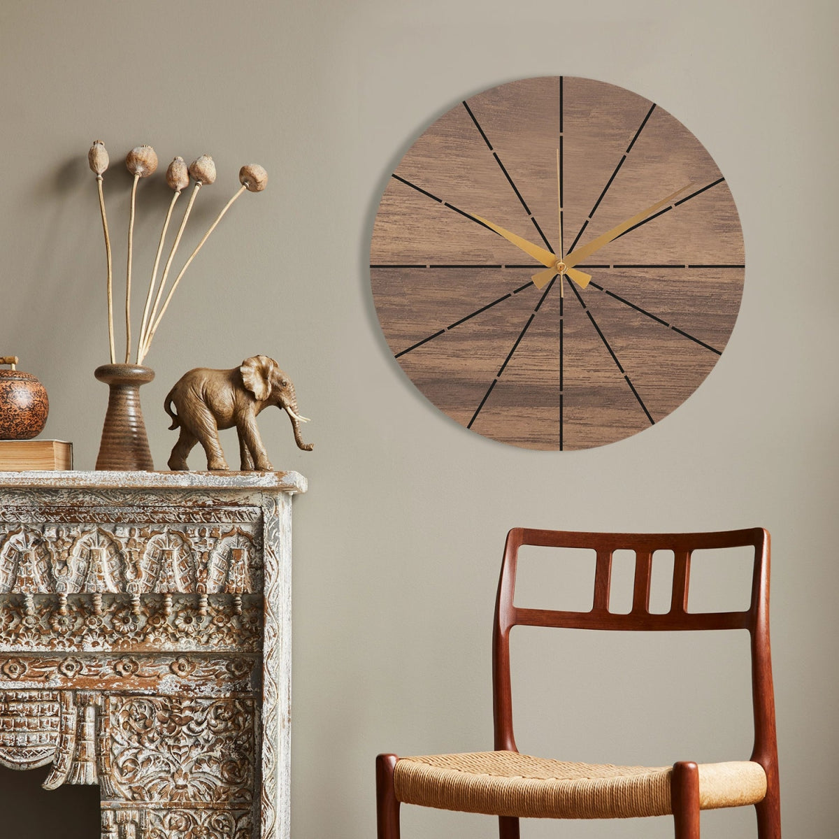 WOOD AND METAL BLACK WALL CLOCK - BrossHome Metal Wall Art