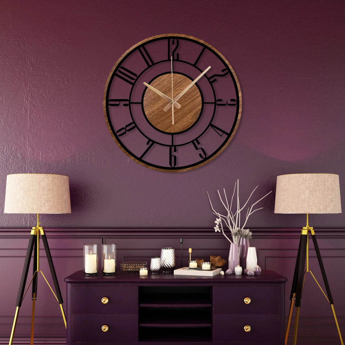 Wood and Metal Frame Wall Clock - BrossHome Metal Wall Art