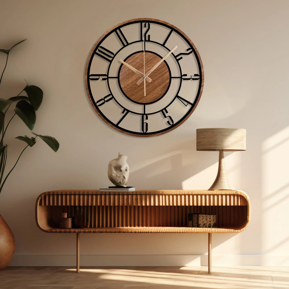 Wood and Metal Frame Wall Clock - BrossHome Metal Wall Art