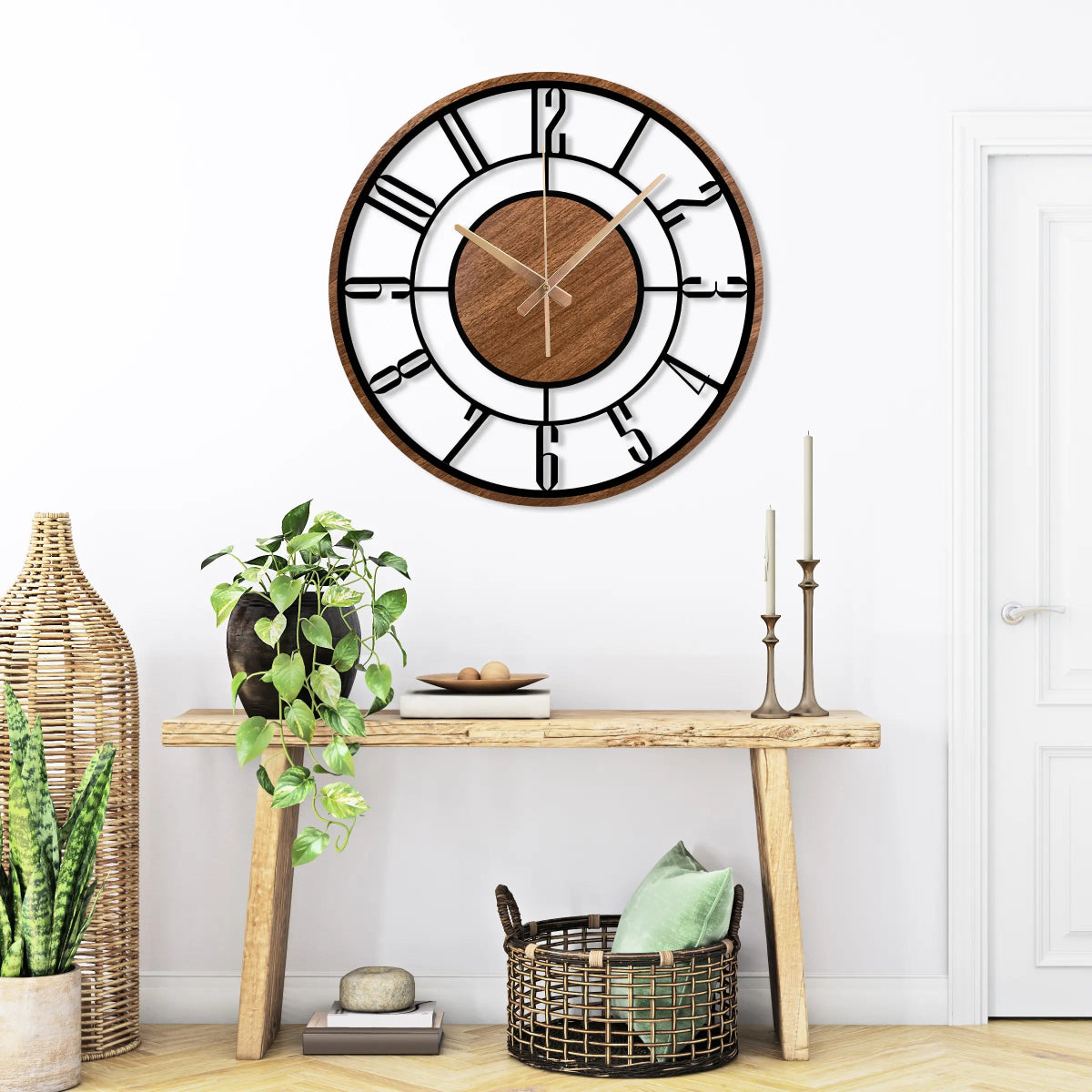 Wood and Metal Frame Wall Clock - BrossHome Metal Wall Art