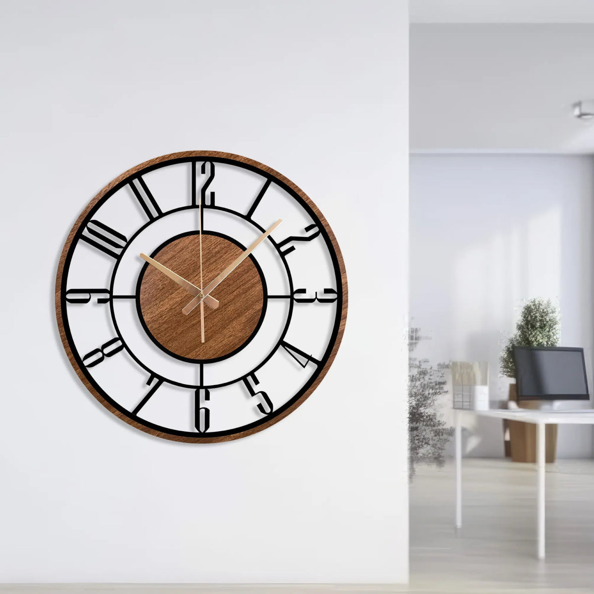 Wood and Metal Frame Wall Clock - BrossHome Metal Wall Art