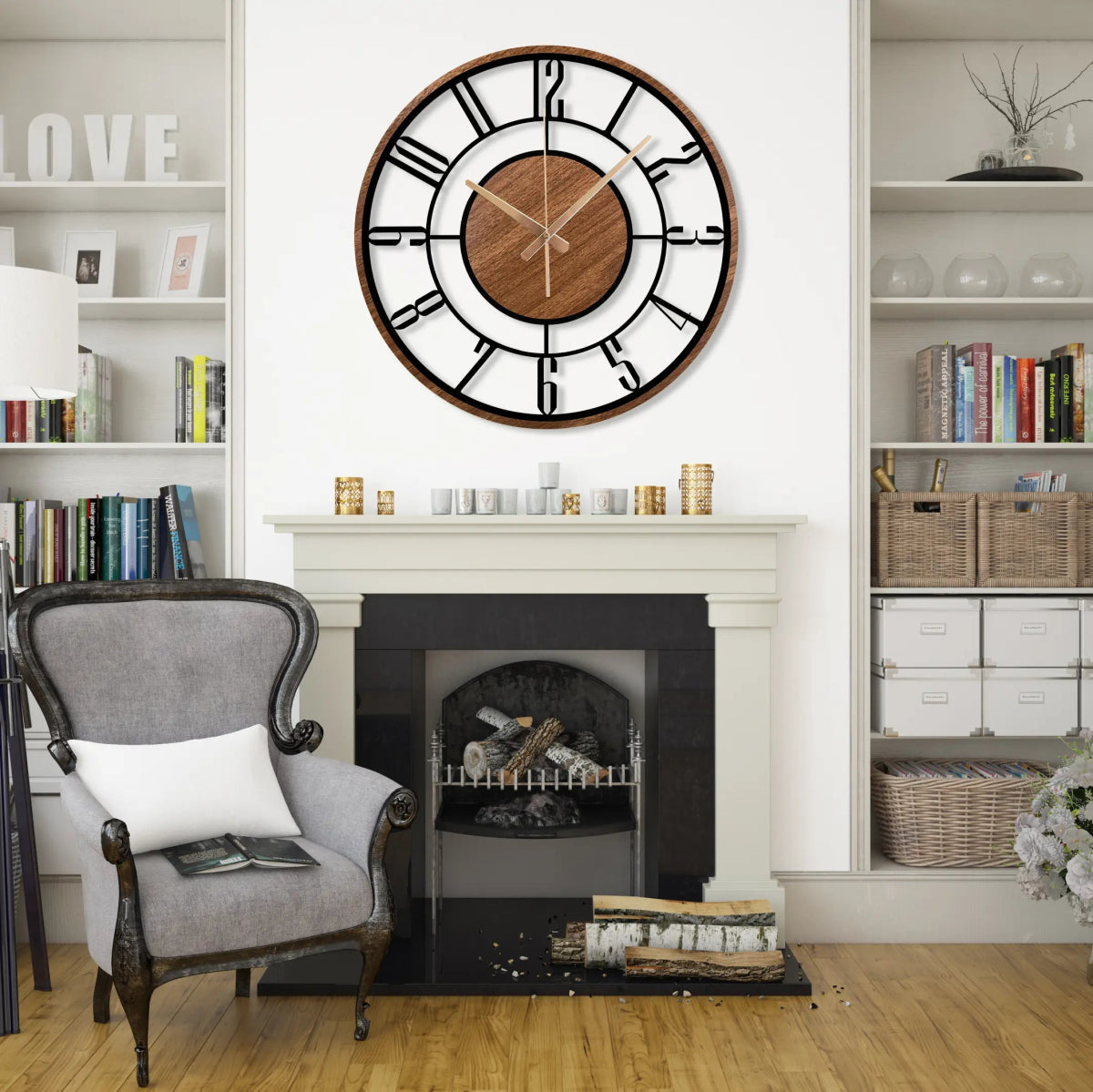 Wood and Metal Frame Wall Clock - BrossHome Metal Wall Art