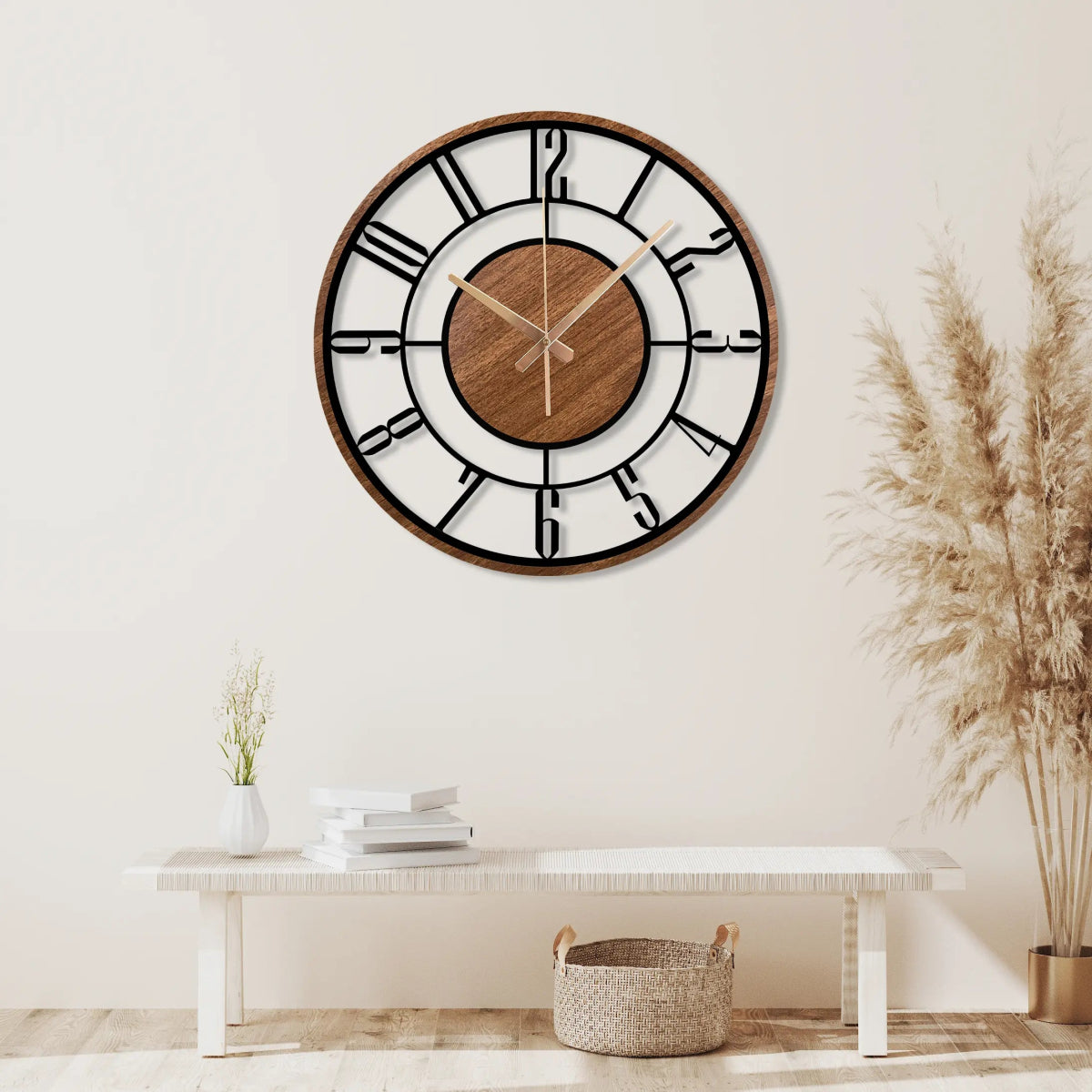Wood and Metal Frame Wall Clock - BrossHome Metal Wall Art