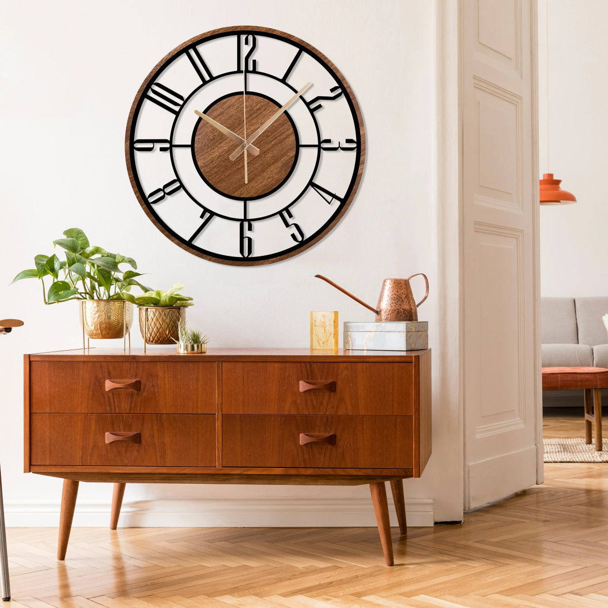 Wood and Metal Frame Wall Clock - BrossHome Metal Wall Art