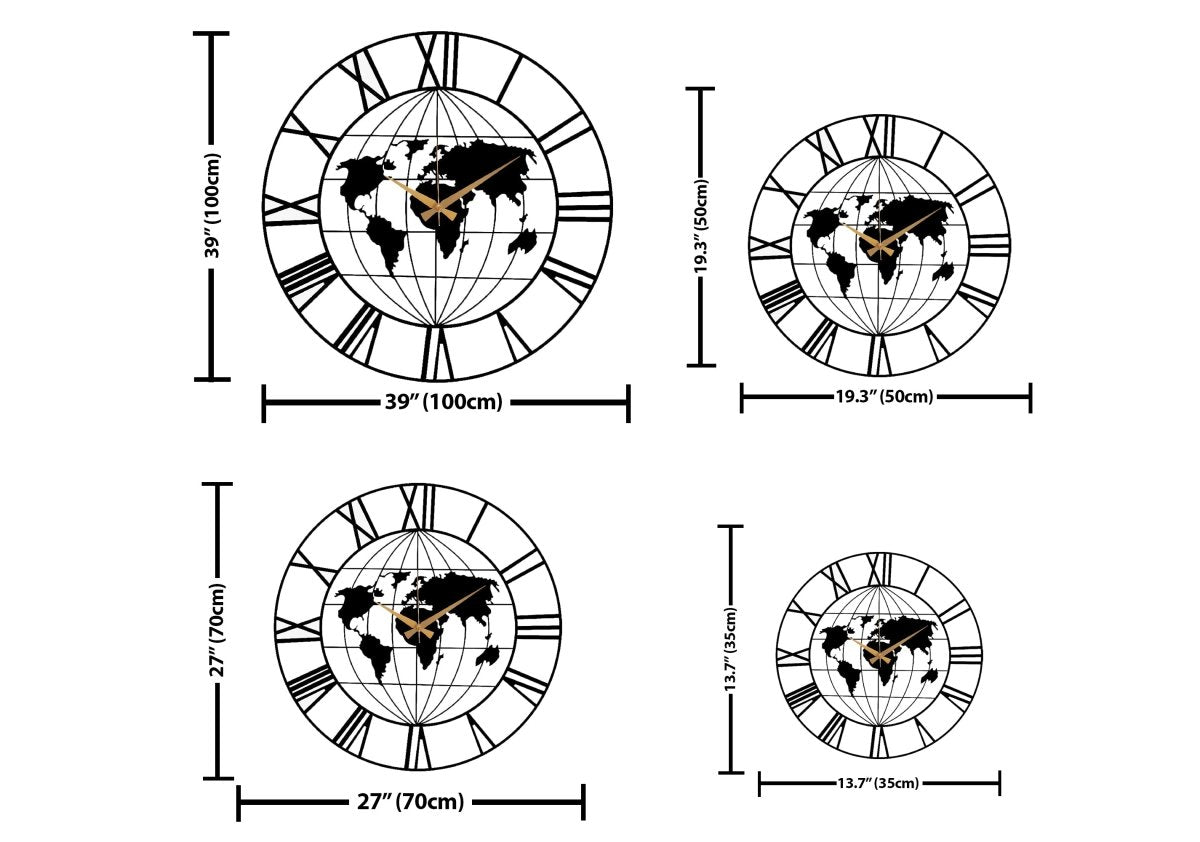 World Map Metal Wall Clock - BrossHome Metal Wall Art