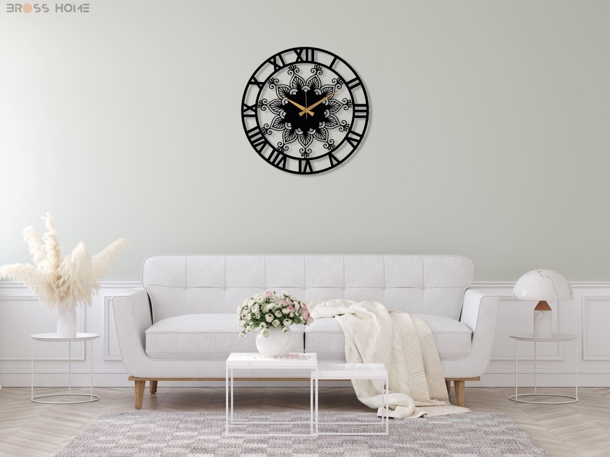 Black Clock Roman Numerals And Mandala Design - BrossHome Metal Wall Art