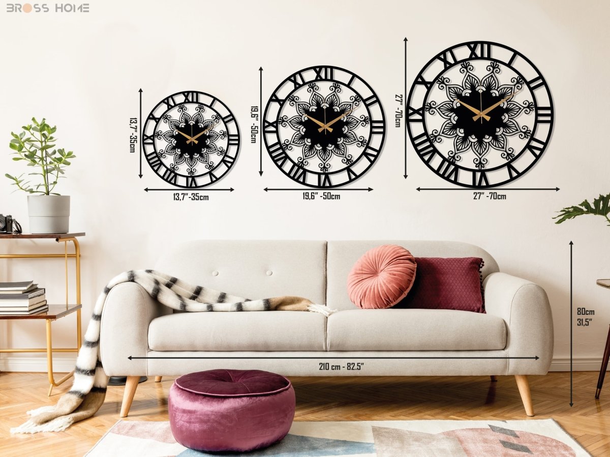 Black Clock Roman Numerals And Mandala Design - BrossHome Metal Wall Art