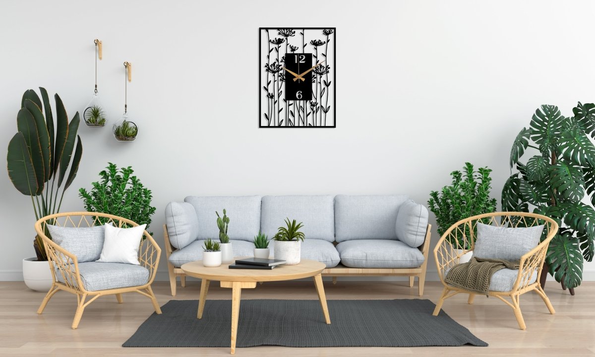 Black Large Wall Clock With Poppy Flower Art - BrossHome Metal Wall Art