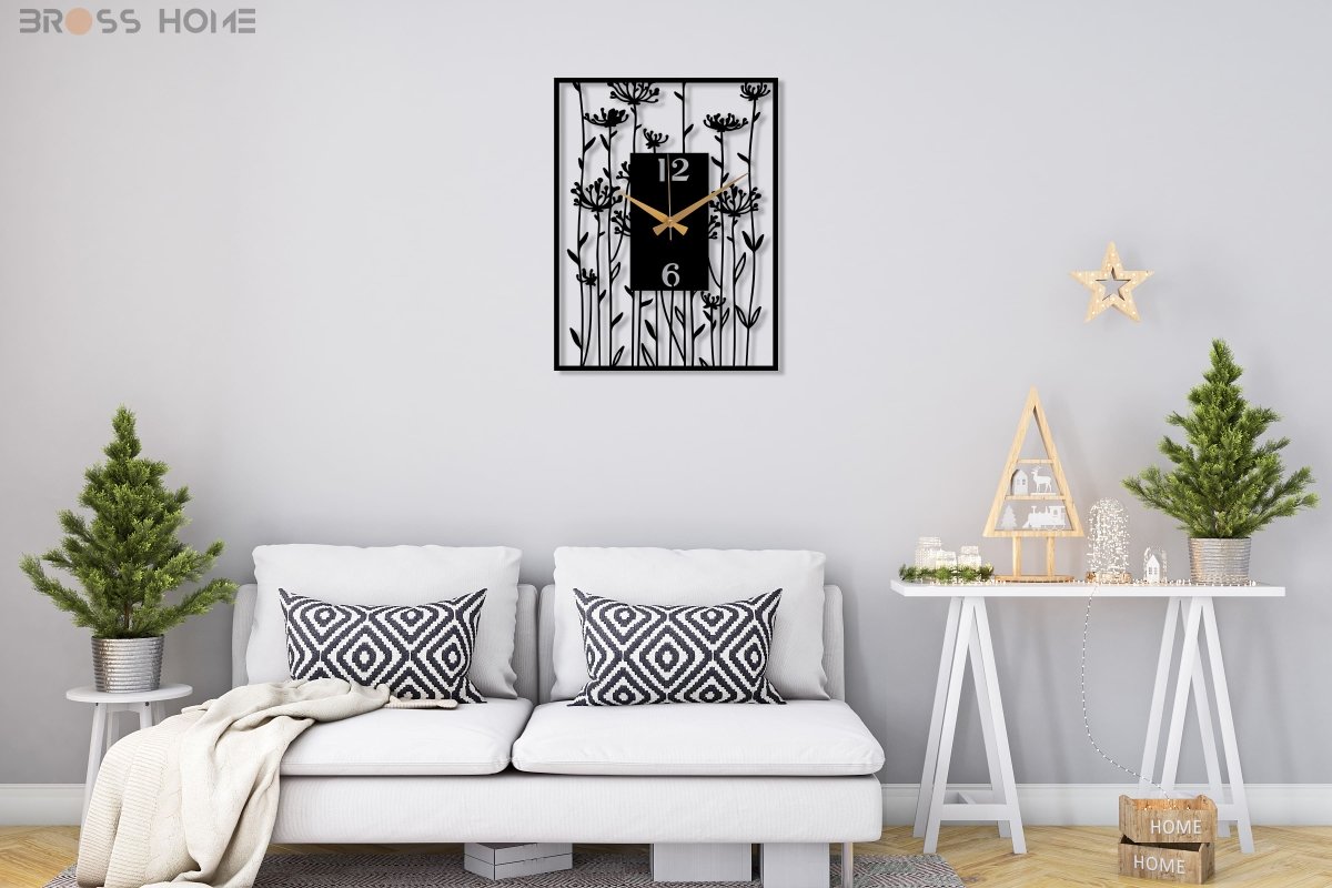Black Large Wall Clock With Poppy Flower Art - BrossHome Metal Wall Art