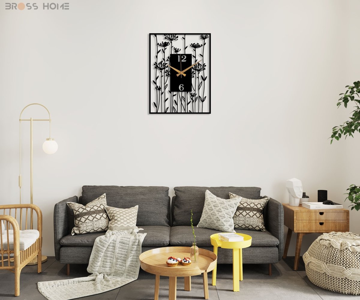 Black Large Wall Clock With Poppy Flower Art - BrossHome Metal Wall Art