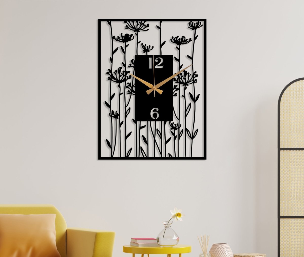 Black Large Wall Clock With Poppy Flower Art - BrossHome Metal Wall Art
