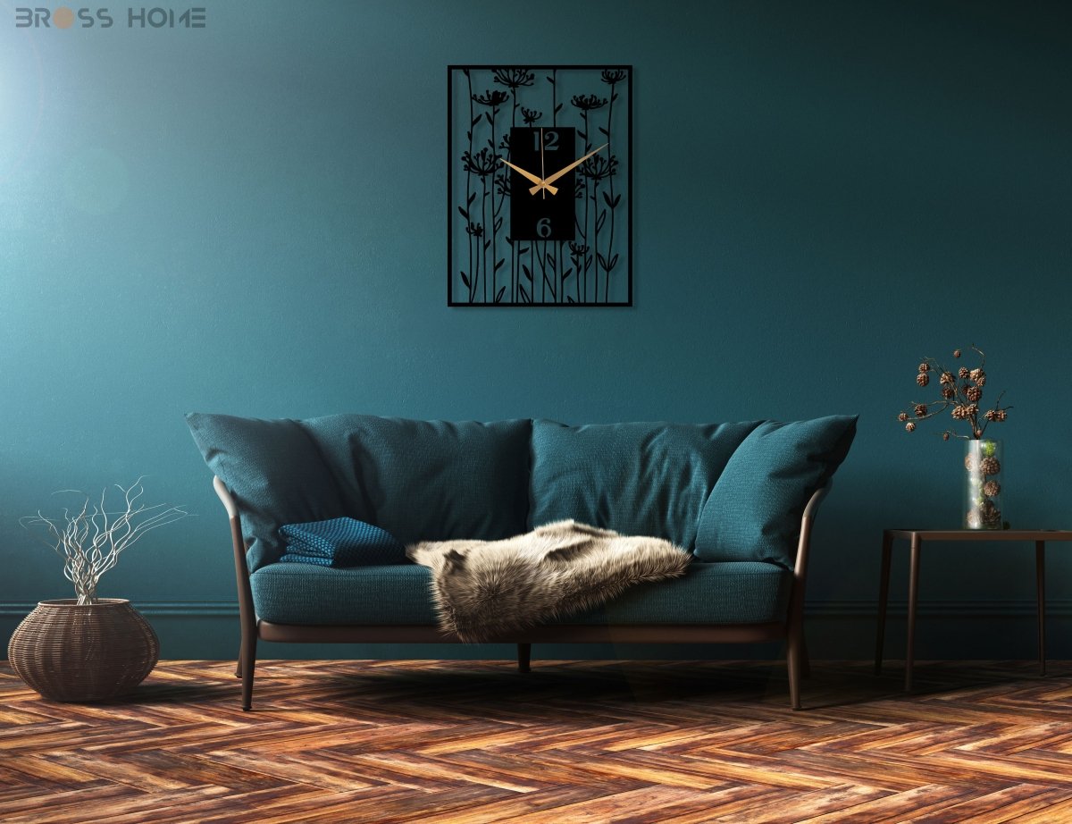 Black Large Wall Clock With Poppy Flower Art - BrossHome Metal Wall Art