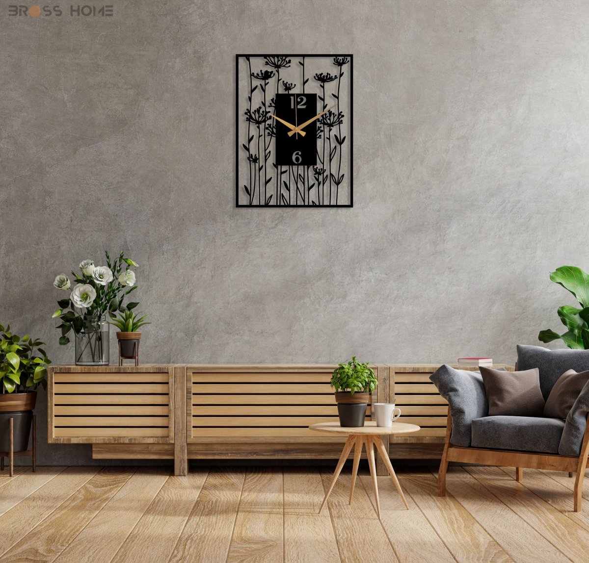 Black Large Wall Clock With Poppy Flower Art - BrossHome Metal Wall Art