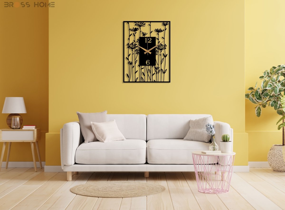 Black Large Wall Clock With Poppy Flower Art - BrossHome Metal Wall Art