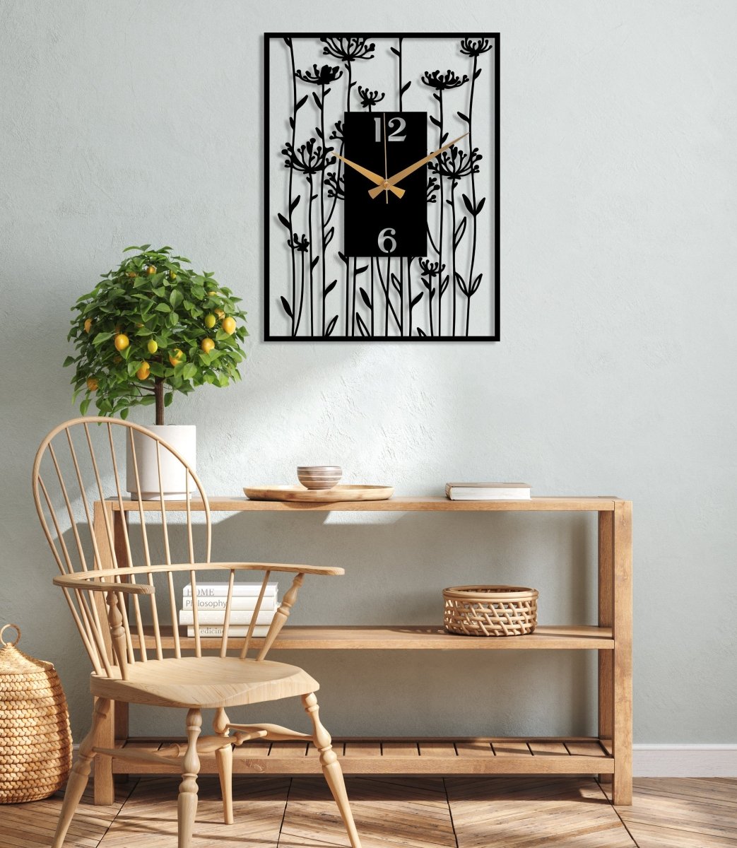 Black Large Wall Clock With Poppy Flower Art - BrossHome Metal Wall Art