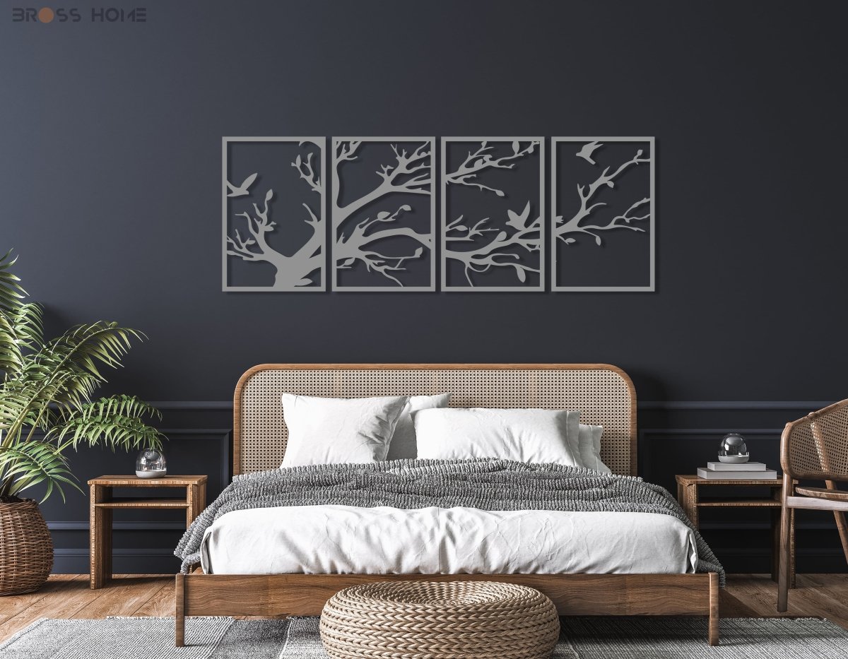 Black Metal Tree Wall Art (4 Panel) - BrossHome Metal Wall Art