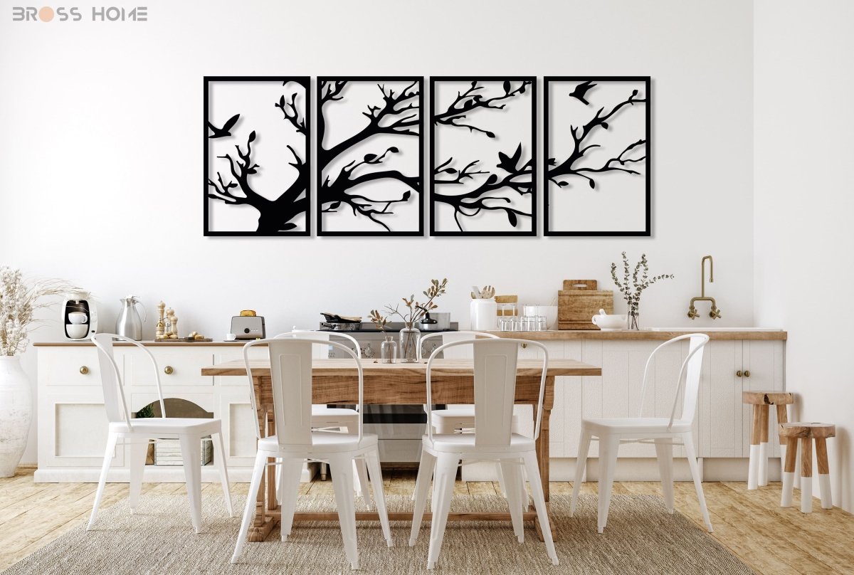 Black Metal Tree Wall Art (4 Panel) - BrossHome Metal Wall Art