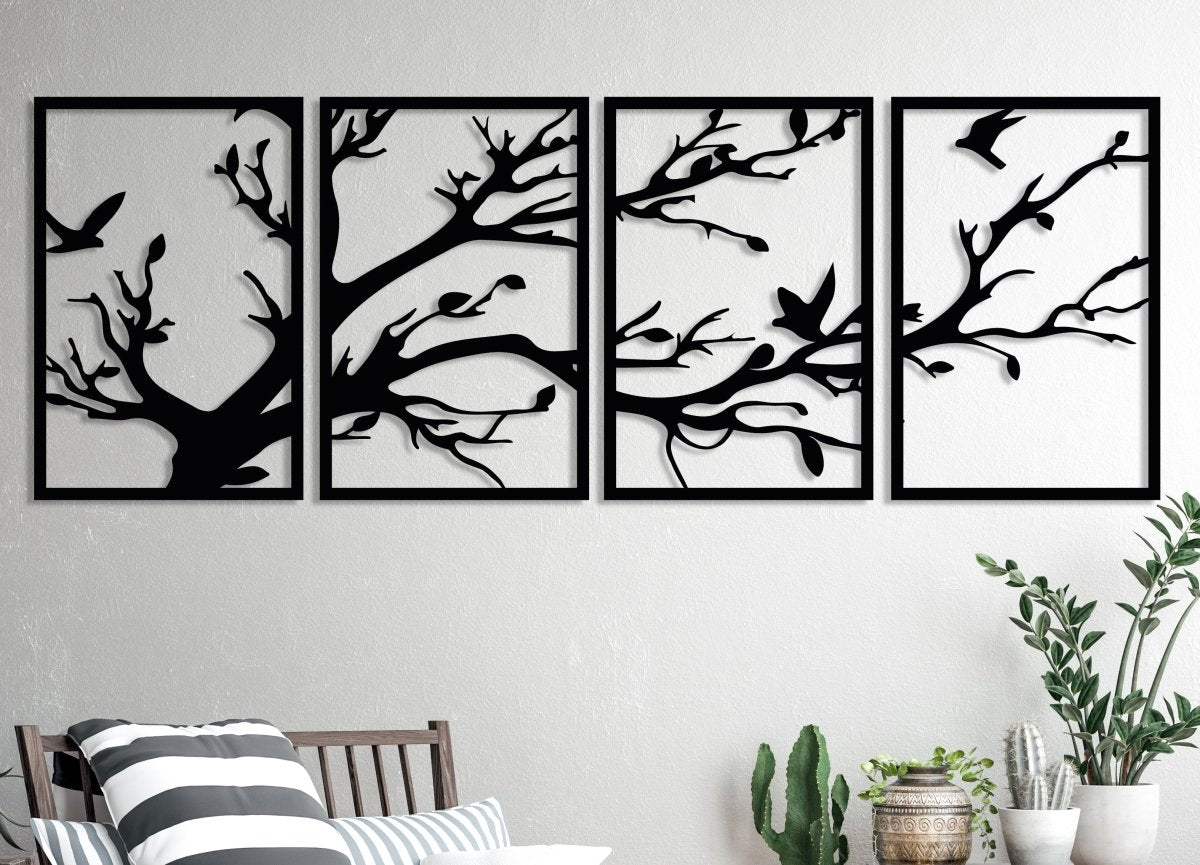 Black Metal Tree Wall Art (4 Panel) - BrossHome Metal Wall Art