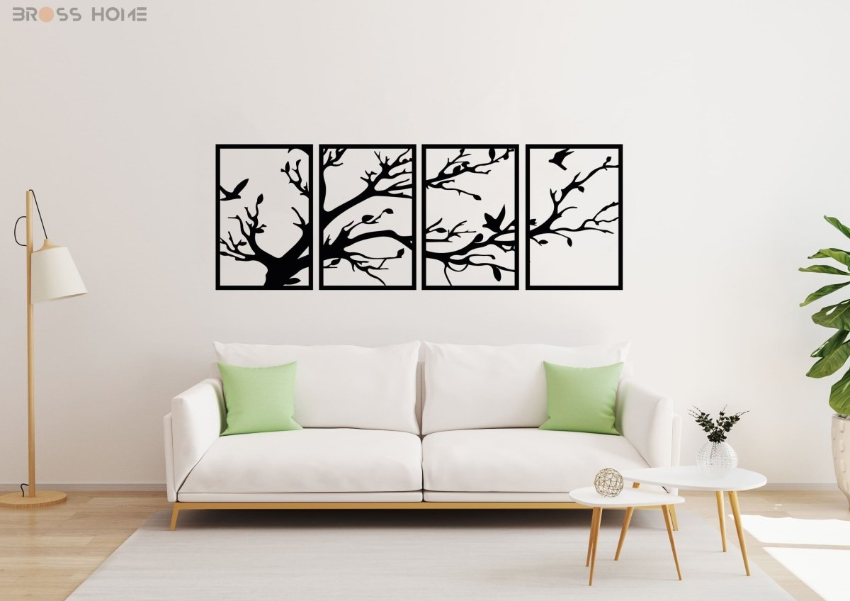 Black Metal Tree Wall Art (4 Panel) - BrossHome Metal Wall Art