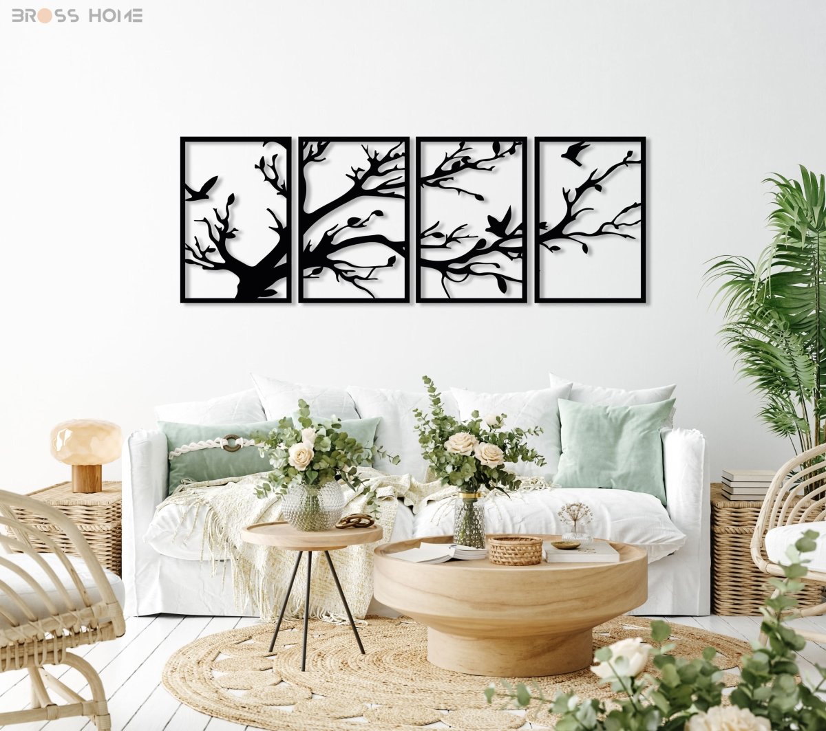Black Metal Tree Wall Art (4 Panel) - BrossHome Metal Wall Art