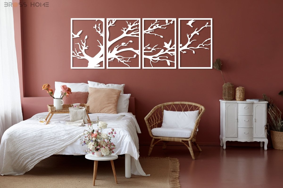 Black Metal Tree Wall Art (4 Panel) - BrossHome Metal Wall Art