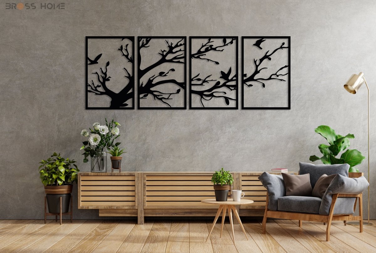 Black Metal Tree Wall Art (4 Panel) - BrossHome Metal Wall Art