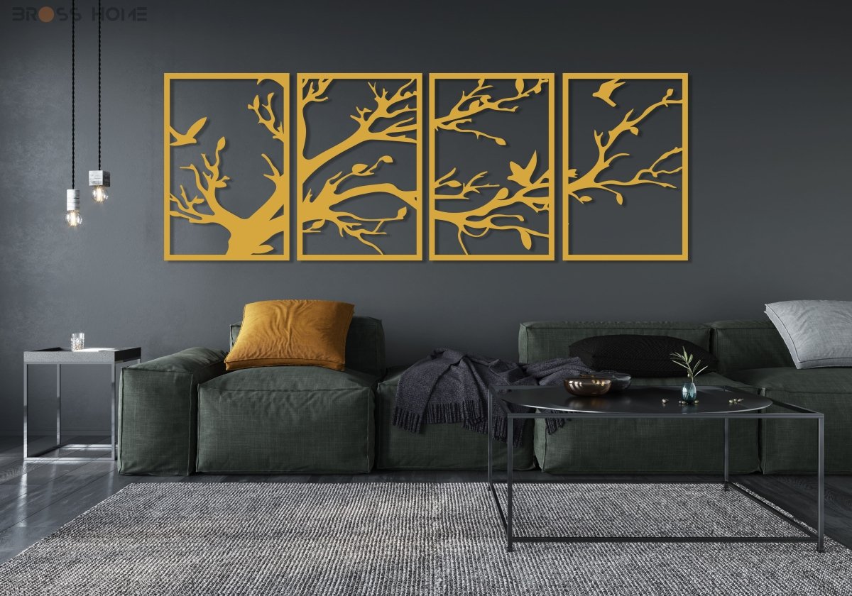 Black Metal Tree Wall Art (4 Panel) - BrossHome Metal Wall Art